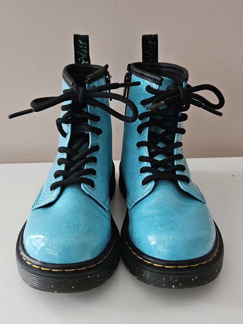 Junior Girls Dr. Martens 1460 Turquoise Blue Glitter Lace Up Boots US 12 Cosmic